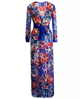 Women's Sexy Beach Casual Night Club Party Print Maxi Dress with Belt