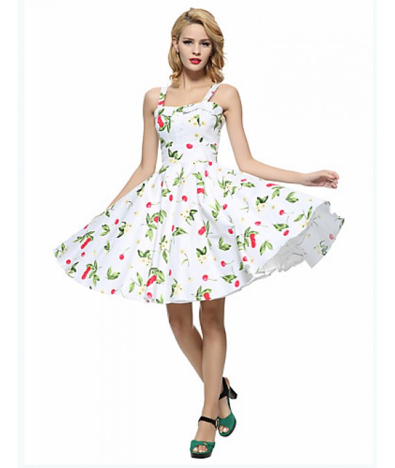Women's Going out Vintage A Line / Skater Dress,Floral Strap Knee-length Sleeveless White / Black Cotton All Seasons