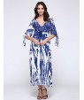 New Boho Maxi Dress Contrast Print Deep V-Neck Side Zipper 3/4 Sleeve Beach Evening Party Long