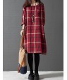 Women's Casual/Cute/Plus Sizes Check Contrast Color Inelastic Long Sleeve Knee-length Loose Dress (Cotton/Linen)