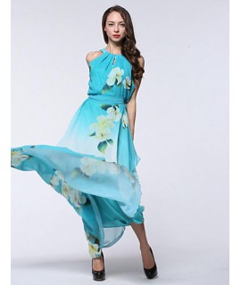 Women's Holiday / Plus Size Boho Chiffon Dress,Print Round Neck Maxi Sleeveless Blue Polyester Summer