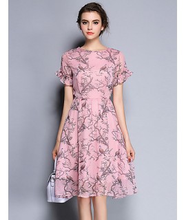 Women's Party/Cocktail Vintage Sheath / Chiffon Dress,Print Round Neck Knee-length Short Sleeve Pink Silk Summer