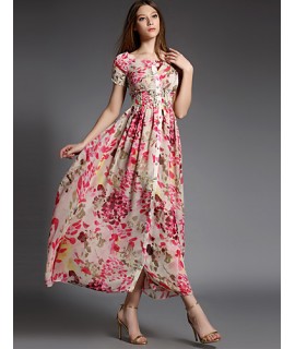 Women's Party/Cocktail Boho A Line Dress,Floral Square Neck Maxi Short Sleeve Pink Cotton Summer