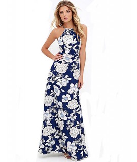 Women's Beach Boho Sheath Dress,Floral Strap Maxi Sleeveless Blue Cotton Summer