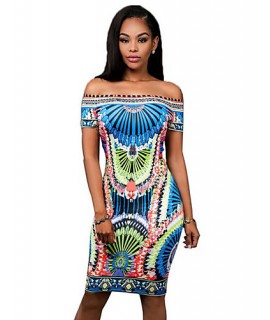Women's Simple / Street chic Vintage National Style Print Off-The-Shoulder Sheath Dress,Boat Neck Knee-length