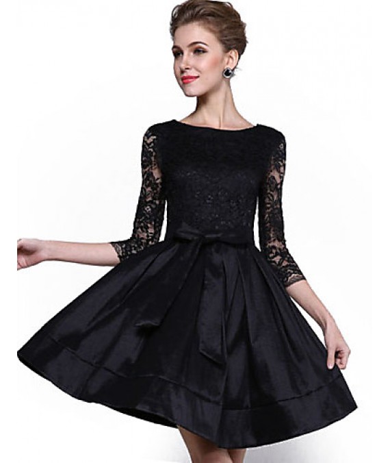 Women's Party/Cocktail / Plus Size Sophisticated Lace / Little Black / Skater Dress,Solid Round Neck Above Knee ? Sleeve BlackPolyester /