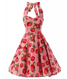 Women's Pink Strawberry Pattern Floral Dress , Vintage Halter 50s Rockabilly Swing Dress