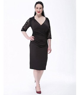 Women's Plus Size Vintage Sheath Dress,Patchwork V Neck Knee-length 陆 Length Sleeve Red / Black Polyester Fall