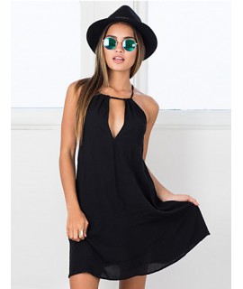 Women's Sexy Loose / Little Black Dress,Solid V Neck Mini Sleeveless Black Rayon Summer