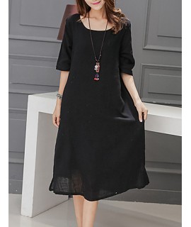 Women's Plus Size / Going out / Loose Dress,Solid Round Neck Midi ? Length Sleeve Red / Black / Purple Cotton / Linen