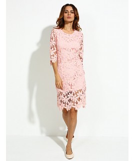 Work Sheath / Lace Dress,Solid Round Neck Knee-length ? Length Sleeve Pink Cotton Spring Mid Rise Micro-elastic