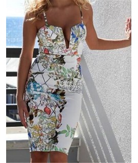 Going out Simple Bodycon Dress,Print Strap Above Knee Sleeveless White Nylon Fall High Rise