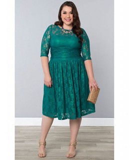Women's Party/Cocktail Vintage Plus Size Dress Round Neck Knee-length ? Length Sleeve Green Spandex Fall