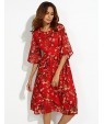Women's Casual/Daily Boho / Street chic Plus Size / Chiffon Dress,Floral Round Neck Midi ? Length Sleeve Red Silk Summer