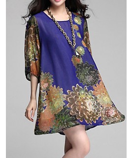 Women's Casual/Daily / Plus Size Dress,Floral Mini ? Length Sleeve Blue / Red / Black Summer Inelastic Thin