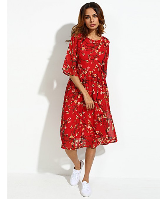 Women's Casual/Daily Boho / Street chic Plus Size / Chiffon Dress,Floral Round Neck Midi ? Length Sleeve Red Silk Summer