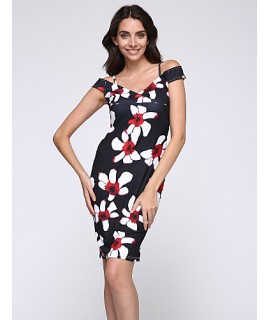 Women's Sexy Floral Bodycon Dress , V Neck Knee-length Cotton / Polyester