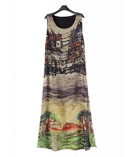 Women's Loose Dress,Print Round Neck Midi Sleeveless Summer