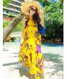 Beach Swing Dress,Print Maxi Sleeveless Yellow Summer Inelastic Thin