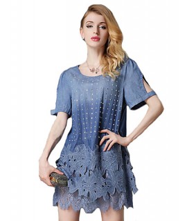 Women's Going out Street chic Plus Size Dress,Solid Round Neck Above Knee Short Sleeve Blue Cotton Summer