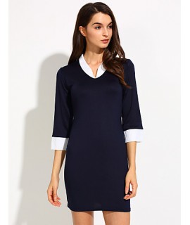 Women's Solid Blue Dress, Sheath/Vintage/Work Asymmetrical Collar ? Sleeve 