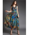 Going out Street chic Sheath Dress,Print V Neck Maxi Sleeveless Blue Silk Summer High Rise