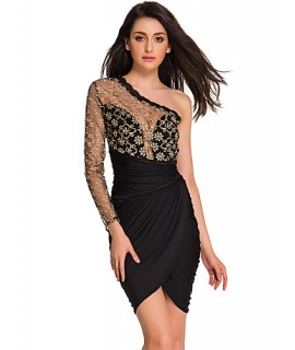 Women'sGolden Lace Black Tulle Evening Dress