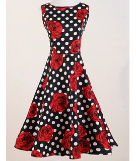 Women's Vintage Slim Polka Dot Rose Print Sleeveless Swing Dress