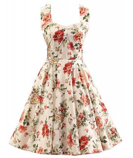 Women's Cream Floral Dress , Vintage Halter 50s Rockabilly Swing Dress