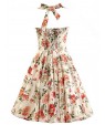 Women's Cream Floral Dress , Vintage Halter 50s Rockabilly Swing Dress