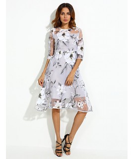 Women's Casual/Daily / Plus Size Street chic A Line Dress,Floral Round Neck Knee-length Long Sleeve Gray Polyester Spring