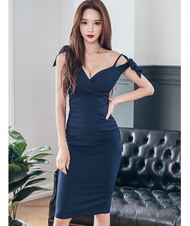 Women's Party/Cocktail Sexy Bodycon Dress,Solid Deep V Knee-length Sleeveless Blue Polyester Summer