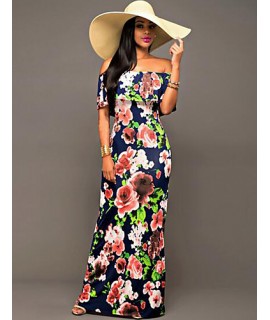 Women's Going out Vintage Slim Backless Sheath Dress,Floral Boat Neck Maxi Sleeveless