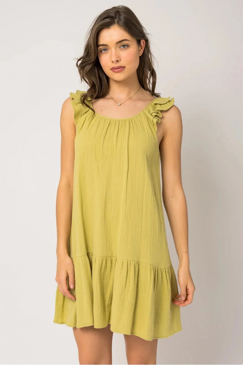 Sleeveless Ruffle Shoulder Shirring Dress