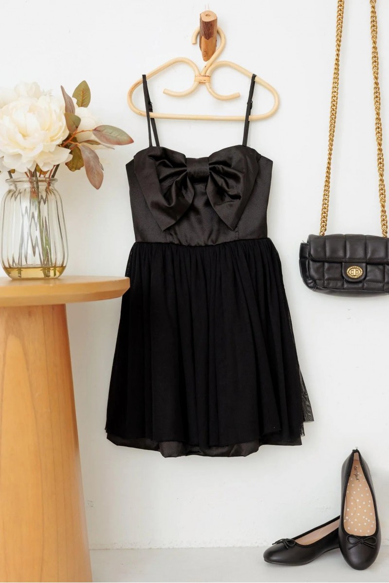 Girls Poplin Bow Waist Tulle Spaghetti Strap Dress