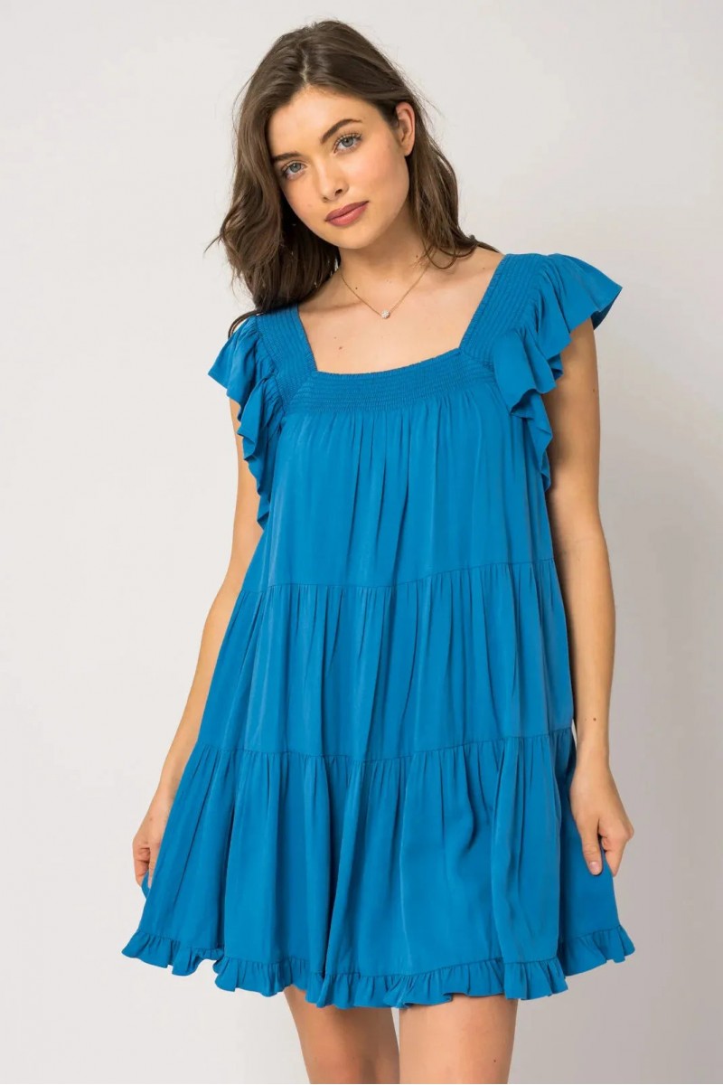 Ruffle Sleeves Square Neckline Tiered Mini Dress