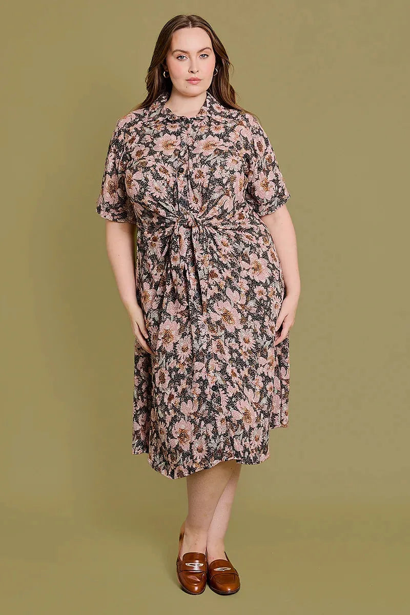 Plus Size Floral Collared Button Down Front Tie Midi Dress