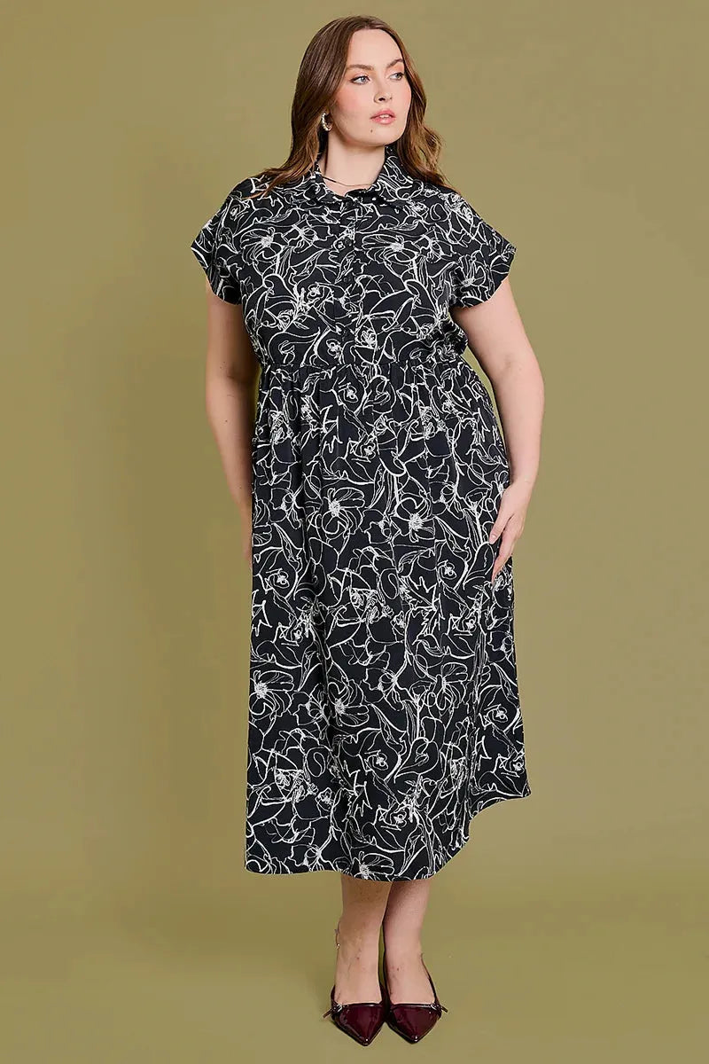 Plus Size Short Sleeve Collared Button Down Floral Dress