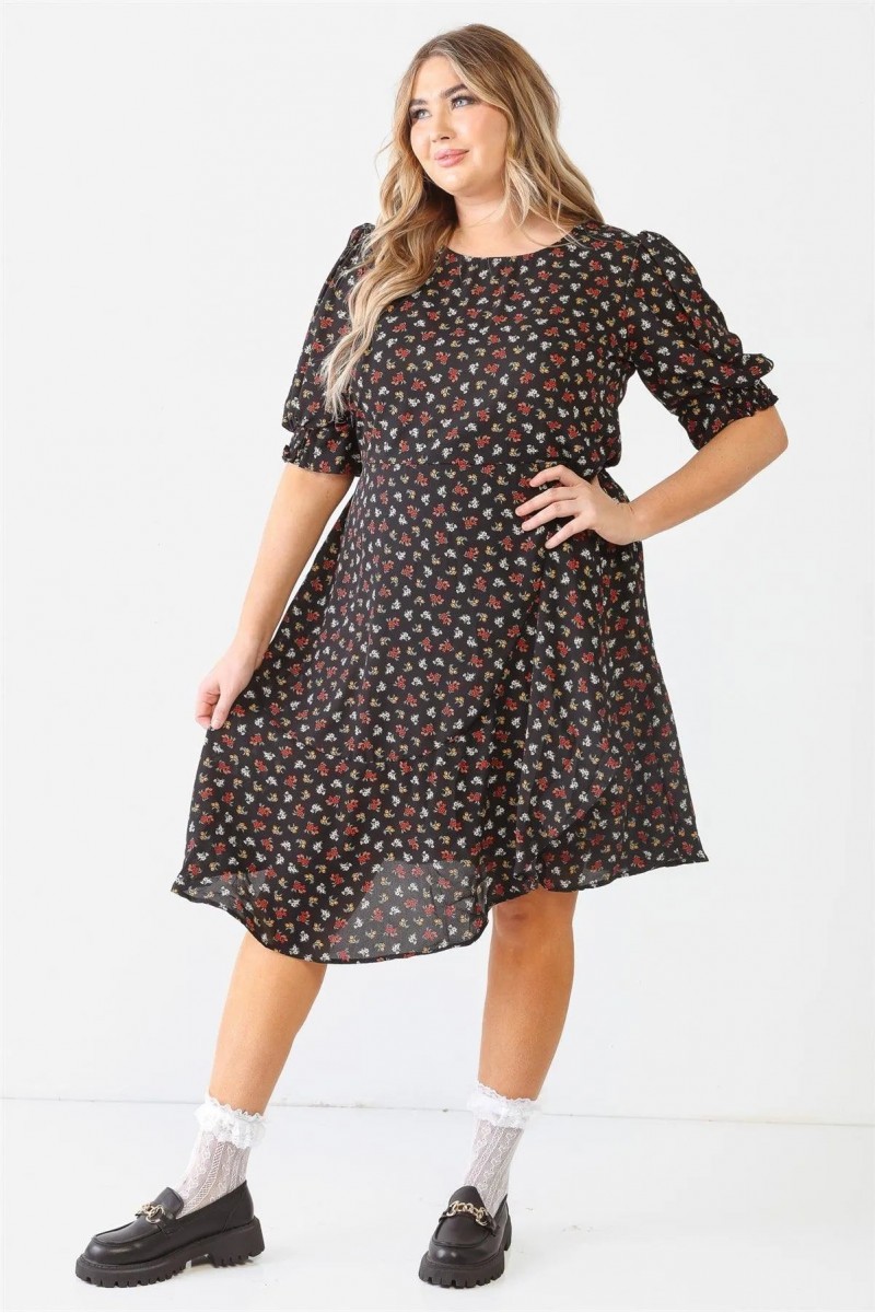 Plus Size Floral Print Belted Flare Midi Dress