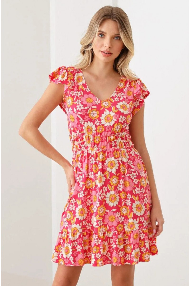 Floral Print Ruffle Cap Sleeves Babydoll Mini Dress