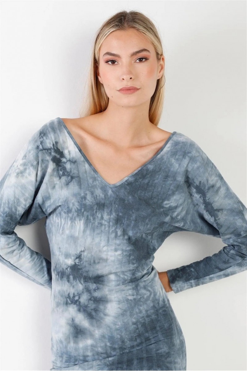 Teal Tie-Dye V-Neck Dolman Sleeve Ribbed Midi Dress