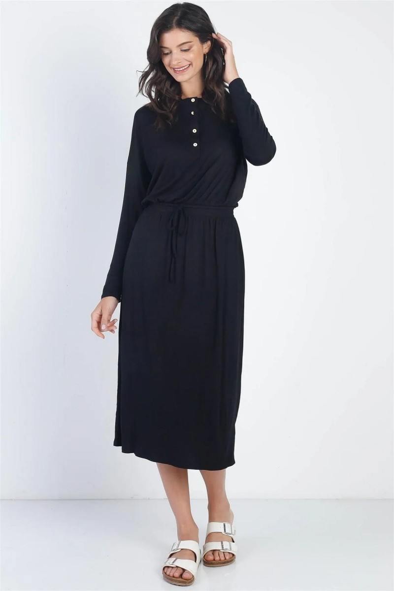 Black Button Up Neck Detail Fitted Waist Midi Dress