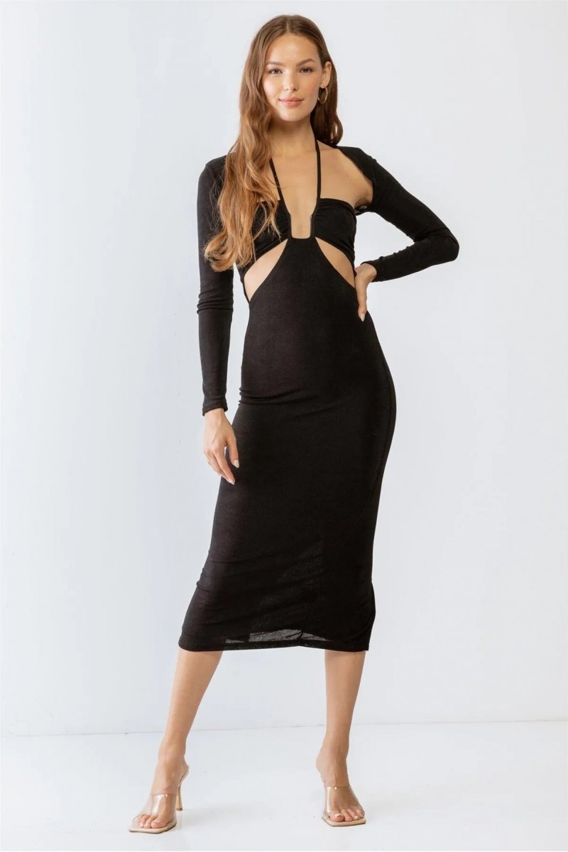 Black Cut-Out Sleeveless Midi Dress & Open Front Long Sleeve Cover-Up Set