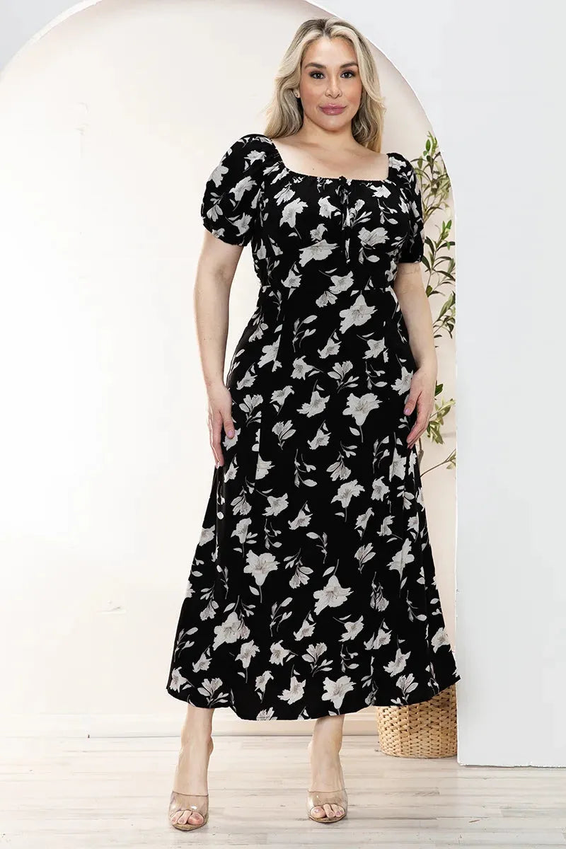 Plus Size Floral Front Tie Short Puff sleeve Midi Dress